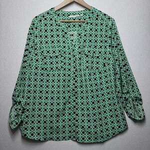 Notations Green Geometric Print Button Front Blouse XL Roll Tab Sleeves